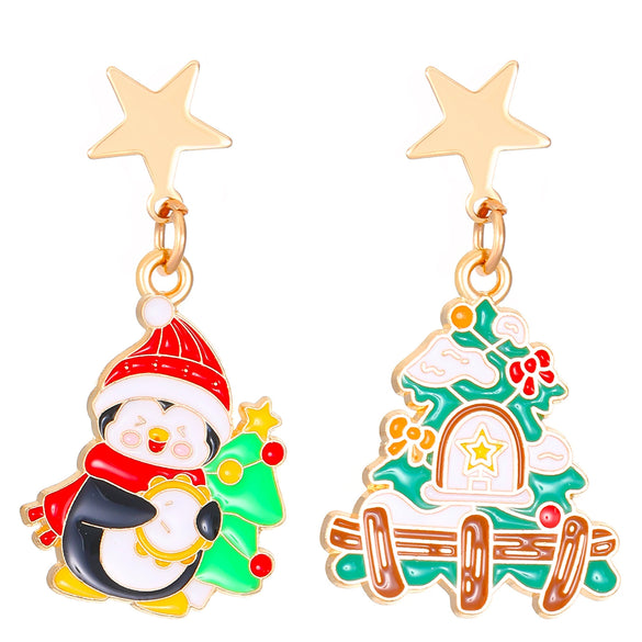 Women's Asymmetrical Alloy Christmas Tree And Elk Earrings With Dripping Oil Cartoon Design