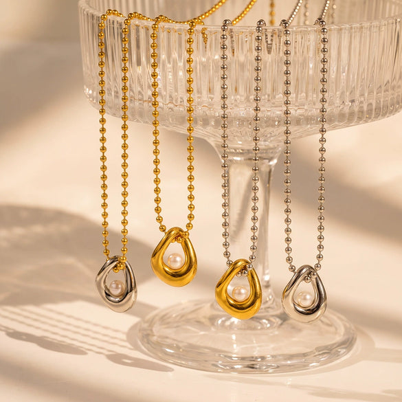 Women's Asymmetrical Geometric Pearlstudded Stainless Steel Necklace With Electroplated Finish Understated And Versatile Regular Chain Jewelry