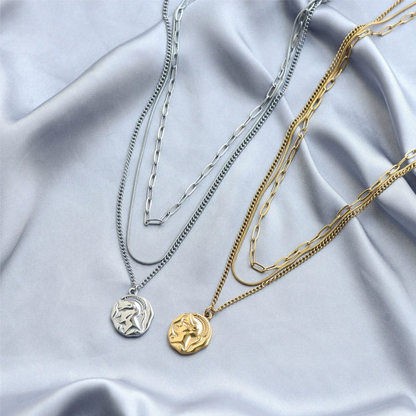 Women's Asymmetrical Geometric Relief Portrait Knight Layered Necklace With Cast Stainless Steel Pendant And Snake Bone Chain