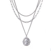 Women's Asymmetrical Geometric Relief Portrait Knight Layered Necklace With Cast Stainless Steel Pendant And Snake Bone Chain