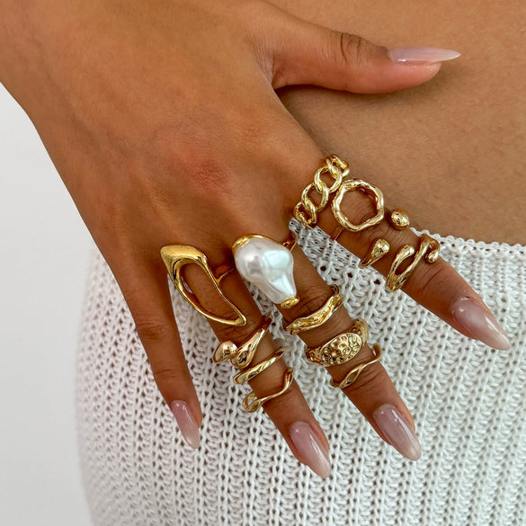 Women's Asymmetrical Metal Ring Alloy Geometric Internet Celebrity Style Electroplated Imitation Pearl Joint