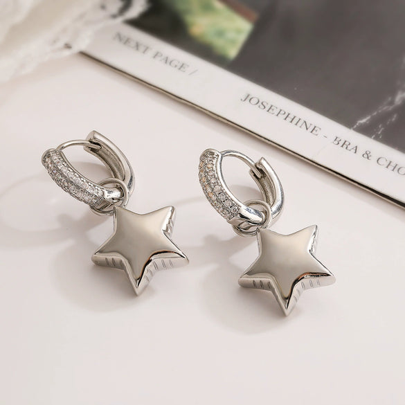 Women's Asymmetrical Star Moon Zircon Earrings Copper Geometric Style