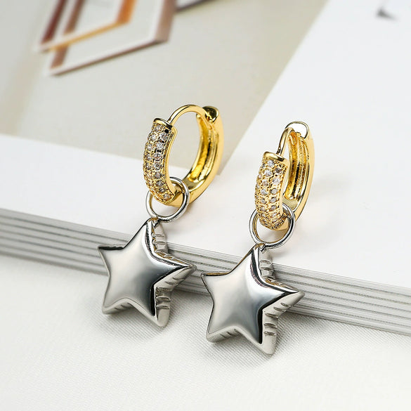 Women's Asymmetrical Star Moon Zircon Earrings Copper Geometric Style