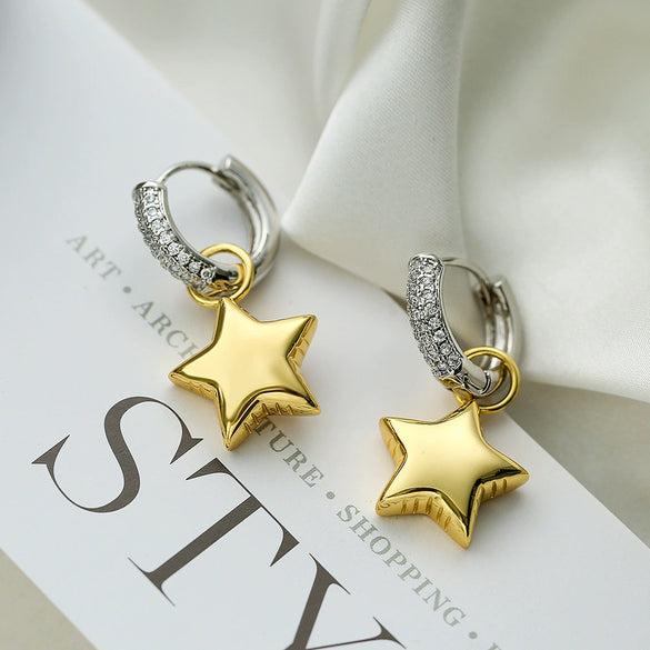 Women's Asymmetrical Star Moon Zircon Earrings Copper Geometric Style