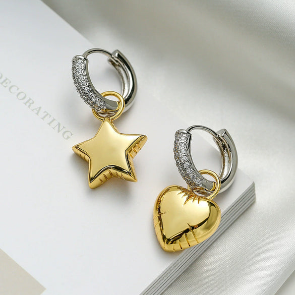 Women's Asymmetrical Star Moon Zircon Earrings Copper Geometric Style