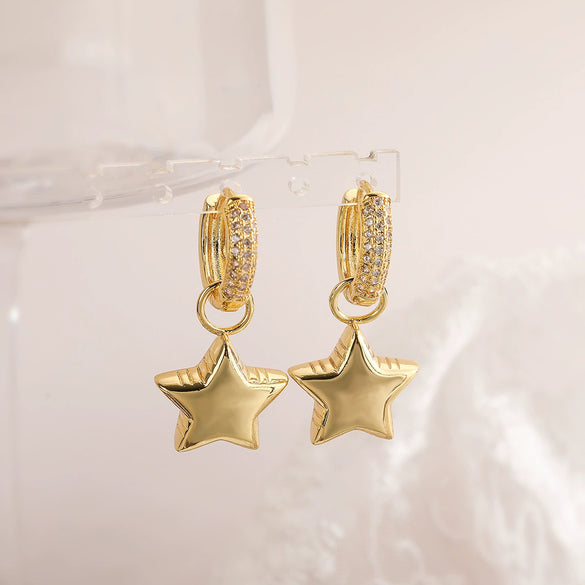 Women's Asymmetrical Star Moon Zircon Earrings Copper Geometric Style
