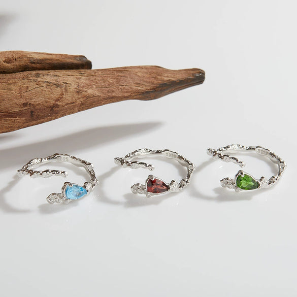 Women's Asymmetrical Texture Colored Gemstone Ring S925 Sterling Silver Inlaid With Natural Garnet Diopside Topaz Heart Shape