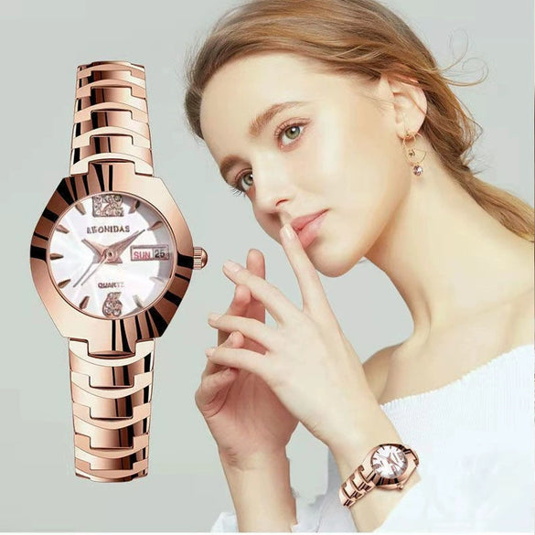 Women's Automatic Movement Waterproof Luminous Watch With Tungsten Steel Color Round Dial Steel Case And Fine Steel Strap