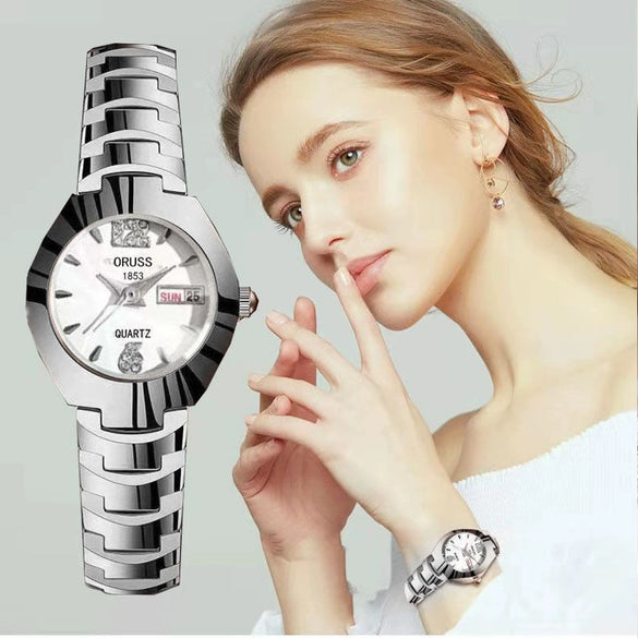 Women's Automatic Movement Waterproof Luminous Watch With Tungsten Steel Color Round Dial Steel Case And Fine Steel Strap