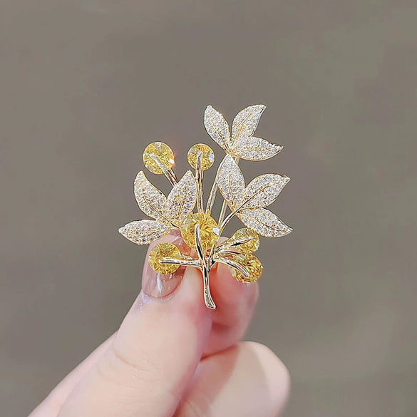 Women's Autumn And Winter Coat Brooch Alloy Retro Plant Flowers Leaves Pin With Electroplating
