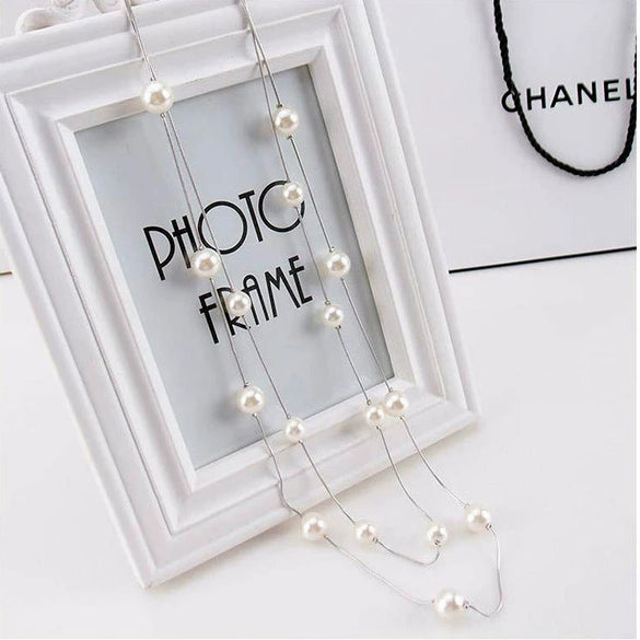 Fashion Multi  Layer Double  Layer Long Sweater Chain Necklace With Imitation Natural Pearl Snake Bone Chain Geometry Pattern Electroplating Design