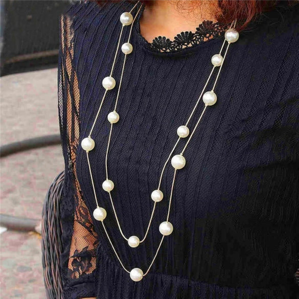 Fashion Multi  Layer Double  Layer Long Sweater Chain Necklace With Imitation Natural Pearl Snake Bone Chain Geometry Pattern Electroplating Design