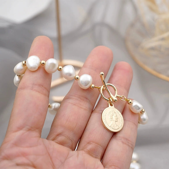 Women's Baroque Freshwater Pearl Geometric Style Bracelet With 18K Real Gold
