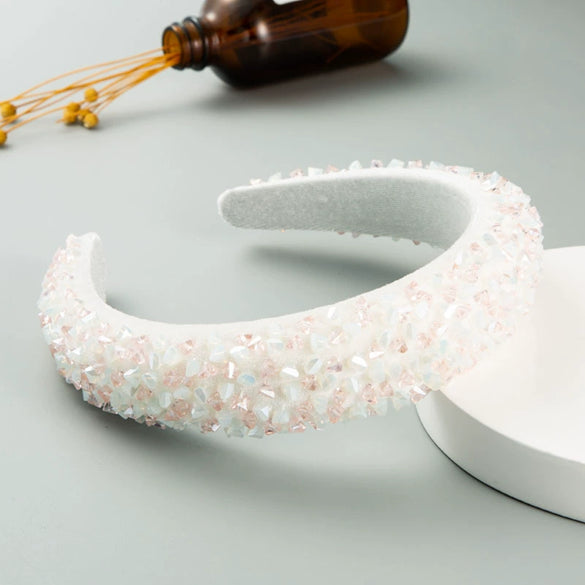 Women's Baroque Geometric Colorful Crystal And Sponge Headband With Handsewn Diamond Detail Thin Hair Accessory