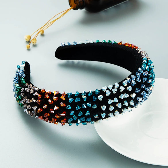 Women's Baroque Geometric Colorful Crystal And Sponge Headband With Handsewn Diamond Detail Thin Hair Accessory