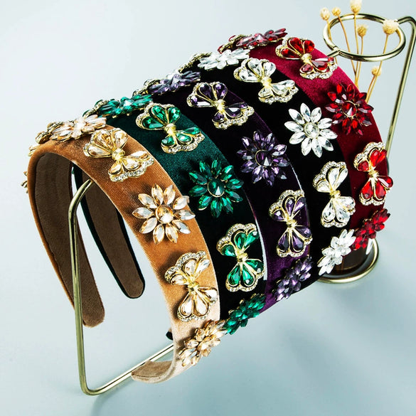 Women's Baroque Geometric Flannel Headband With Gem Rhinestone Embellishment And Diamond Style Design