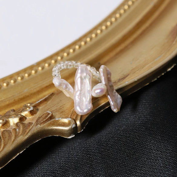 Women's Baroque Style Adjustable Ring With Natural Freshwater Specialshaped Pearls And Geometric Pattern Electroplated