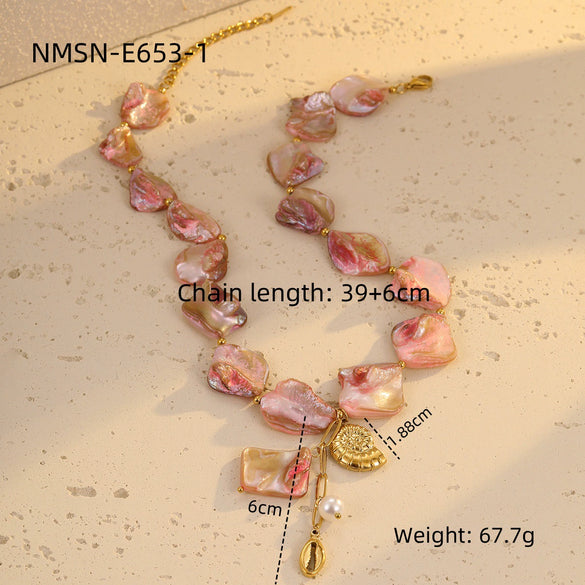 Women's Beach Style Pink Shell Beaded Stainless Steel Conch Pearl Pendant Clavicle Chain With Electroplating