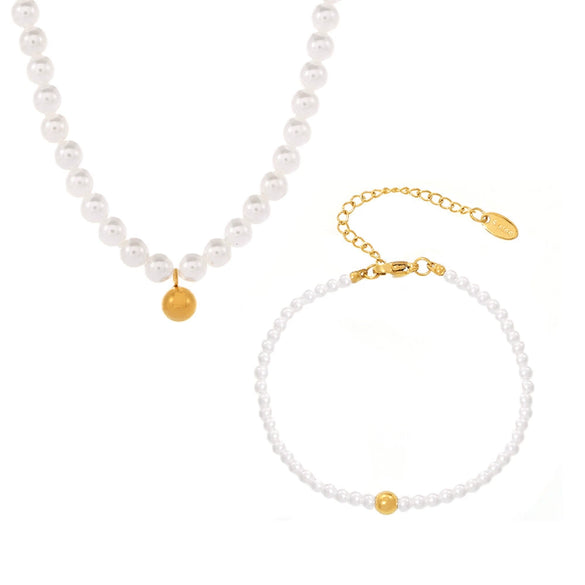 Women's Bead And Titanium Steel Pendant Necklace Bracelet Set With Small Ball Shape And Electroplating Treatment