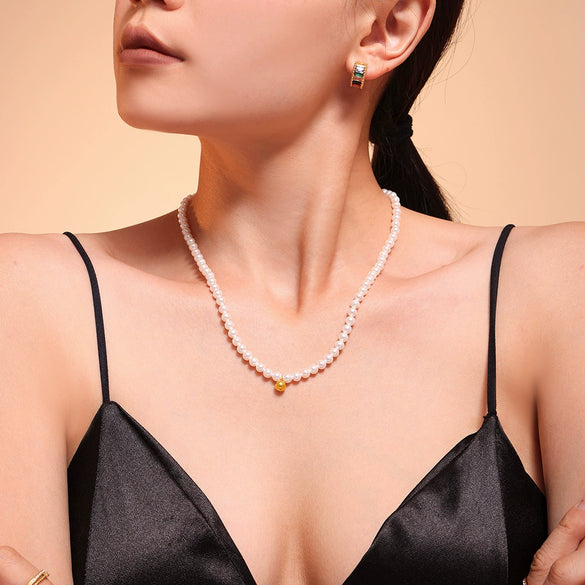 Women's Bead And Titanium Steel Pendant Necklace Bracelet Set With Small Ball Shape And Electroplating Treatment