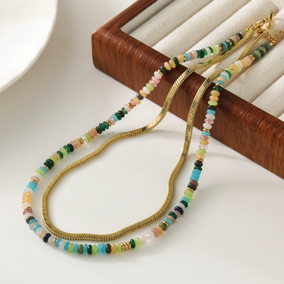 Women's Beaded Geometric Handmade Necklace With Natural Stone Pendant