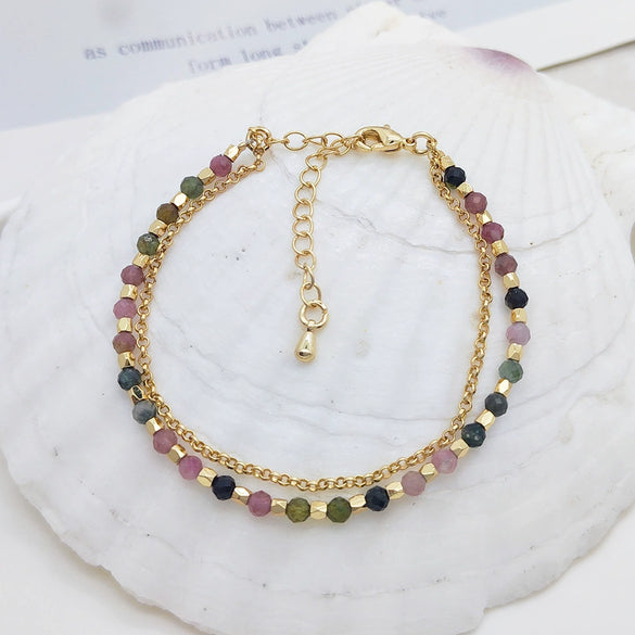 Women's Beaded Natural Tourmaline Stone Handwoven Geometric Multilayer Bracelet