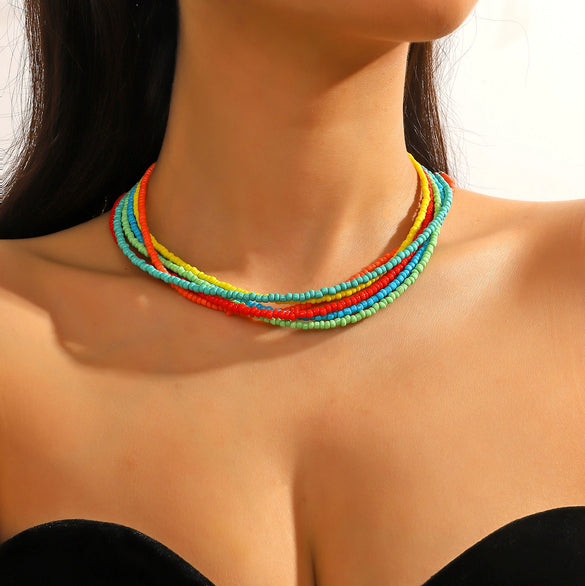 Women's Beaded Organic Glass Ball Chain Necklace With Geometric Pattern And Polishing Process