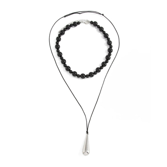 Women's Black Waxed Rope Necklace With Glossy Geometric Teardrop Alloy Pendant Minimalist Handmade Jewelry