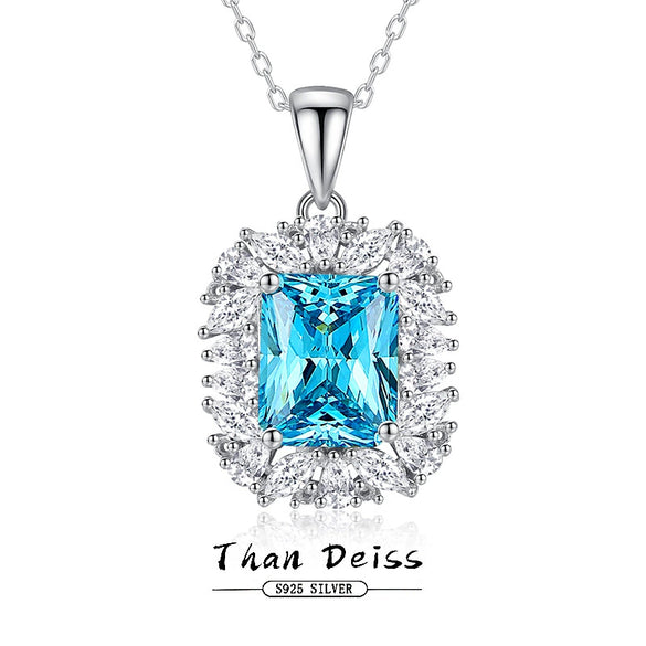 Women's Blue Gem Pendant Rectangular S925 Sterling Silver Light Luxury Geometric Diamond Design Necklace With Cross Chain