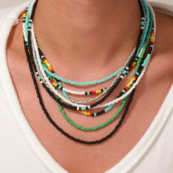 Women's Bohemian Casual Collarbone Necklace With Mixed Colorful Rice Beads And Glass Pendant Stainless Steel Handmade Geometric Style O Chain