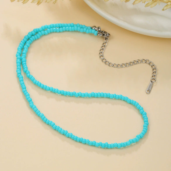 Women's Bohemian Casual Collarbone Necklace With Mixed Colorful Rice Beads And Glass Pendant Stainless Steel Handmade Geometric Style O Chain