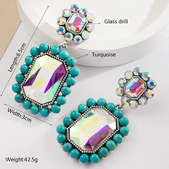 Women's Bohemian Exaggerated Alloy Earrings Inlaid With Colored Diamond And Pearl Turquoise