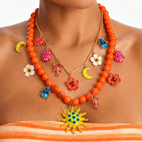 Women's Bohemian Floral Geometric Alloy Pendant Necklace With Handmade Resin Beading And Lobster Clasp