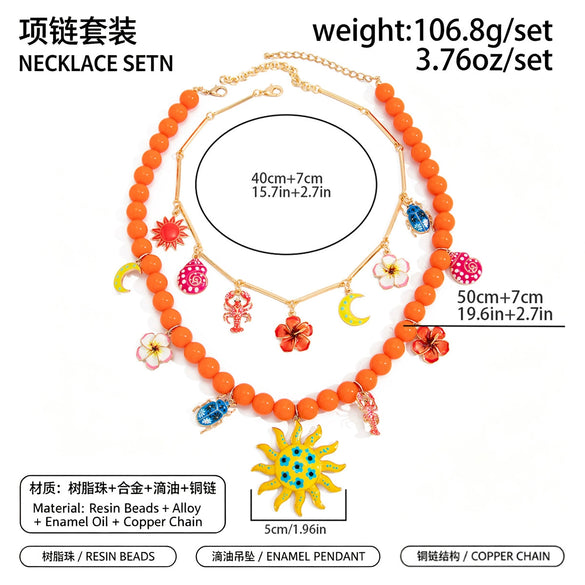 Women's Bohemian Floral Geometric Alloy Pendant Necklace With Handmade Resin Beading And Lobster Clasp