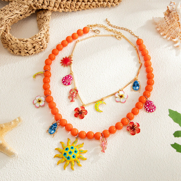 Women's Bohemian Floral Geometric Alloy Pendant Necklace With Handmade Resin Beading And Lobster Clasp