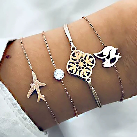 Women's Bohemian Geometric Alloy Beaded Chain Bracelet Set With Electroplated Finish And Artificial Gemstone Inlay Fashion Jewelry
