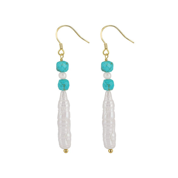 Women's Bohemian Geometric Tassel Earrings With Turquoise And Freshwater Pearl In 925 Silver Electroplated Finish