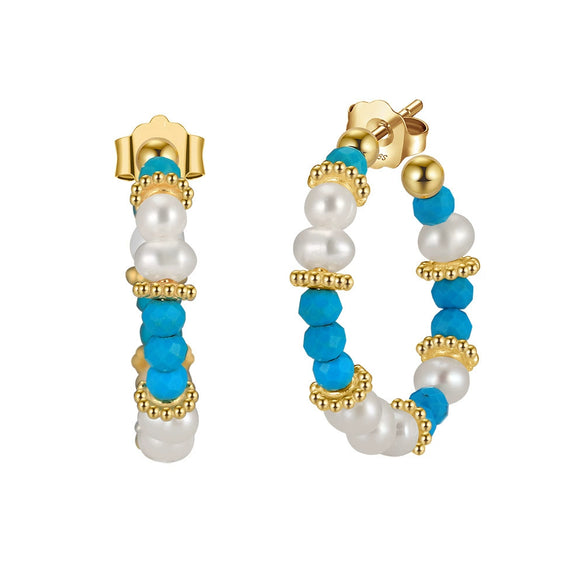 Women's Bohemian Geometric Tassel Earrings With Turquoise And Freshwater Pearl In 925 Silver Electroplated Finish