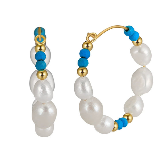 Women's Bohemian Geometric Tassel Earrings With Turquoise And Freshwater Pearl In 925 Silver Electroplated Finish