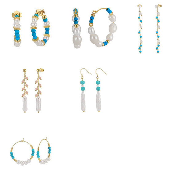 Women's Bohemian Geometric Tassel Earrings With Turquoise And Freshwater Pearl In 925 Silver Electroplated Finish