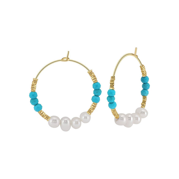 Women's Bohemian Geometric Tassel Earrings With Turquoise And Freshwater Pearl In 925 Silver Electroplated Finish