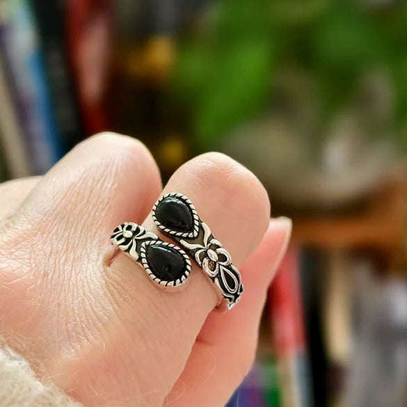 Women's Bohemian Retro Black Agate Spoon Moonstone Open Ring Copper Electroplated Geometric