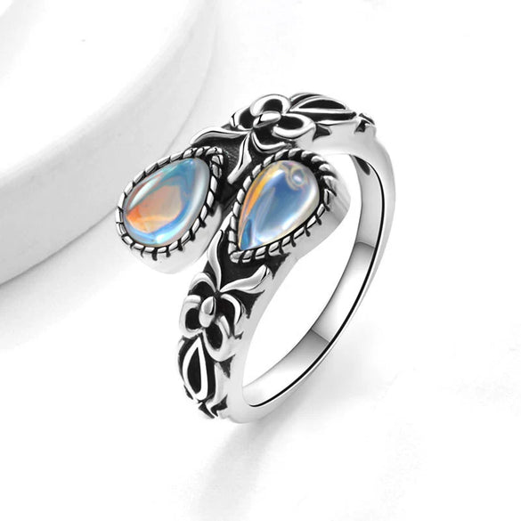 Women's Bohemian Retro Black Agate Spoon Moonstone Open Ring Copper Electroplated Geometric