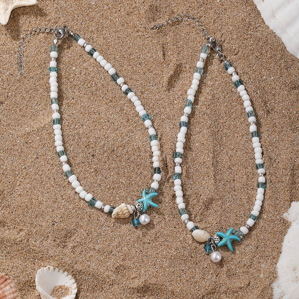 Women's Bohemian Simple Glass Glazed Animal Zodiac Starfish Conch Anklet With Pearl Pendant