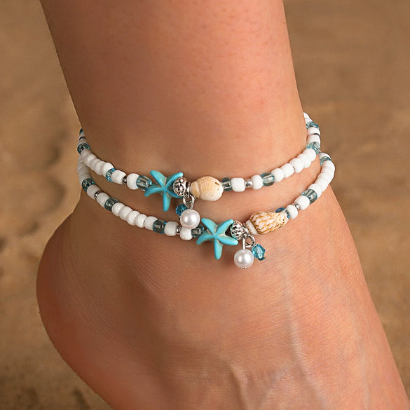 Women's Bohemian Simple Glass Glazed Animal Zodiac Starfish Conch Anklet With Pearl Pendant