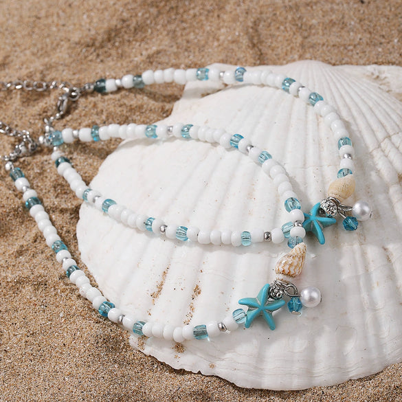Women's Bohemian Simple Glass Glazed Animal Zodiac Starfish Conch Anklet With Pearl Pendant