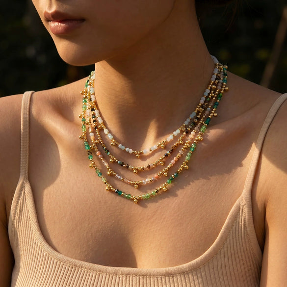 Women's Bohemian Stainless Steel Beaded Necklace With Geometric Design And 18K Vacuum Plated Finish