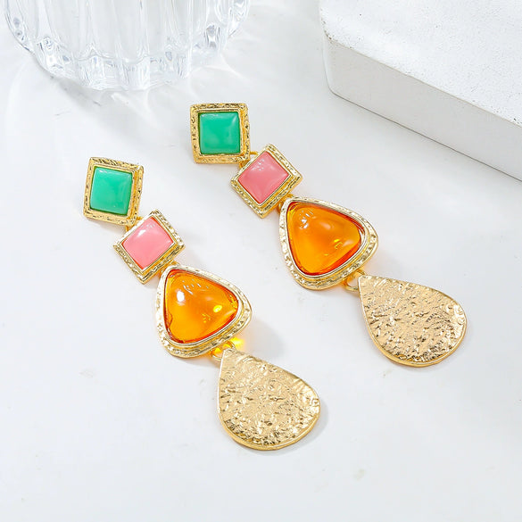 Women's Bohemian Style Alloy Geometric Multilayer Square Drop Long Earrings With Diamond Design