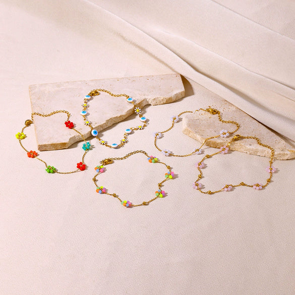 Women's Bohemian Style Colorful Flower Anklet Jewelry Stainless Steel And Resin