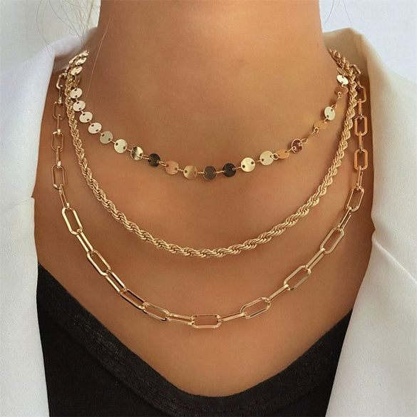 Women's Bohemian Style Electroplated Alloy Blade Chain Choker Necklace With Stacked Flat Chain Design